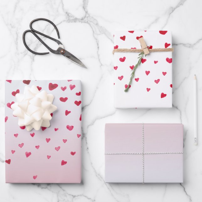 Pink Red Watercolor Hearts Wrapping Paper Sheet (Front)