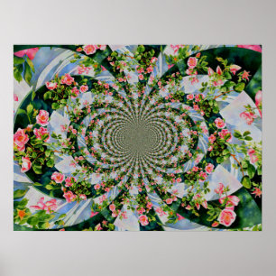 Pink red watercolor roses, abstract mandala floral poster
