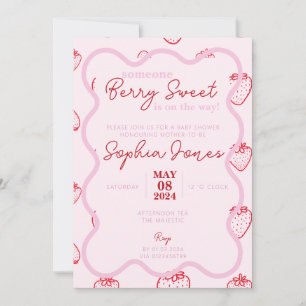 Pink red wavy berry sweet girl baby shower invitation