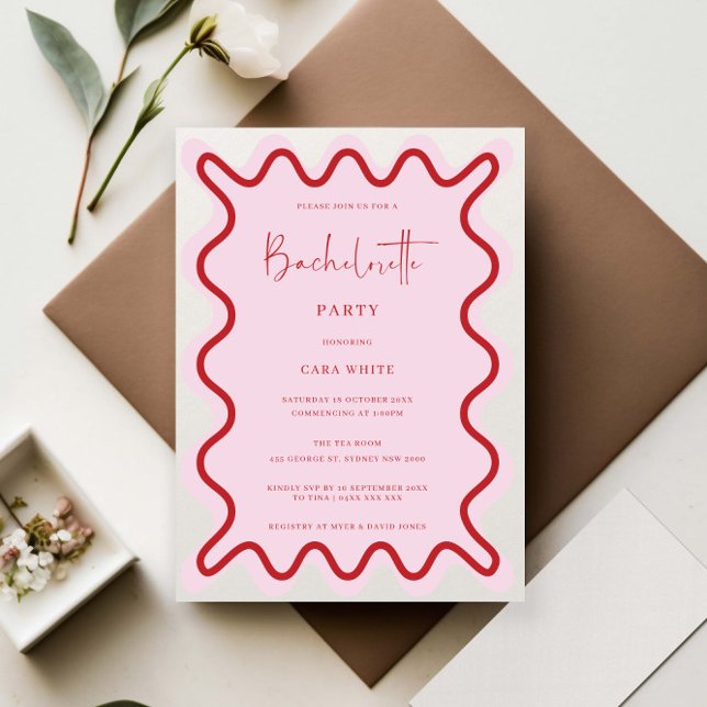 Pink Red Wavy Border Bachelorette Party Invitation (Creator Uploaded)