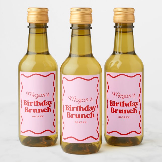 Pink Red Wavy Border Birthday Brunch Party Mini Wine Label (Bottles)