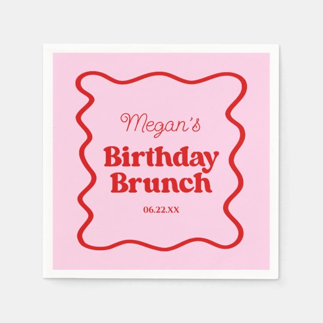 Pink Red Wavy Border Birthday Brunch Party Napkin (Front)