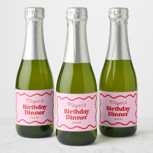 Pink Red Wavy Border Birthday Dinner Party Sparkling Wine Label