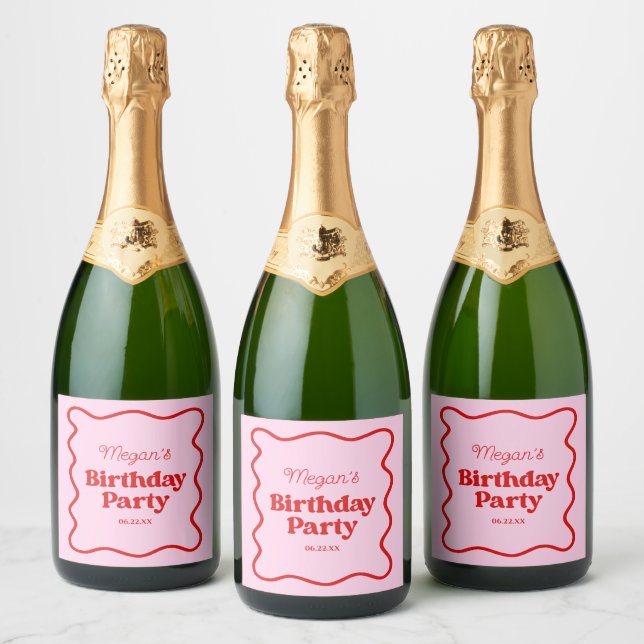 Pink Red Wavy Border Birthday Party Sparkling Wine Label (Bottles)