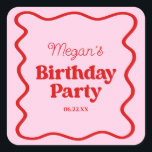 Pink Red Wavy Border Birthday Party Square Sticker<br><div class="desc">This is a Pink Red Retro Wavy Border Birthday Party Favour Stickers!</div>