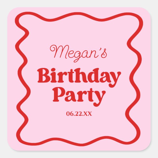 Pink Red Wavy Border Birthday Party Square Sticker (Front)