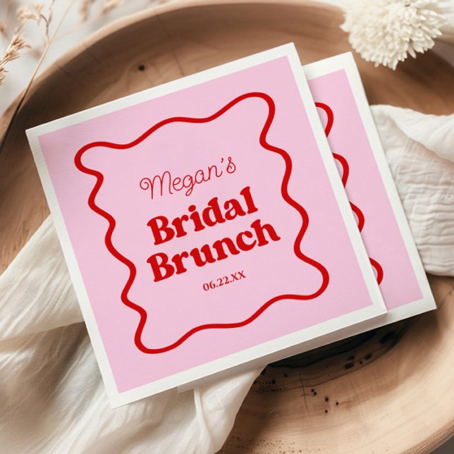 Pink Red Wavy Border Bridal Shower Brunch Napkin (Creator Uploaded)