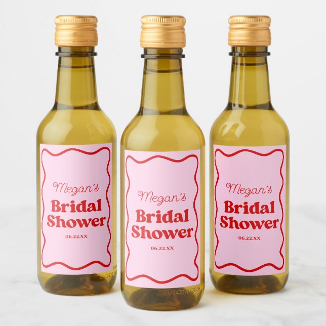Pink Red Wavy Border Bridal Shower Mini Wine Label (Bottles)