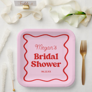 Pink Red Wavy Border Bridal Shower Paper Plate