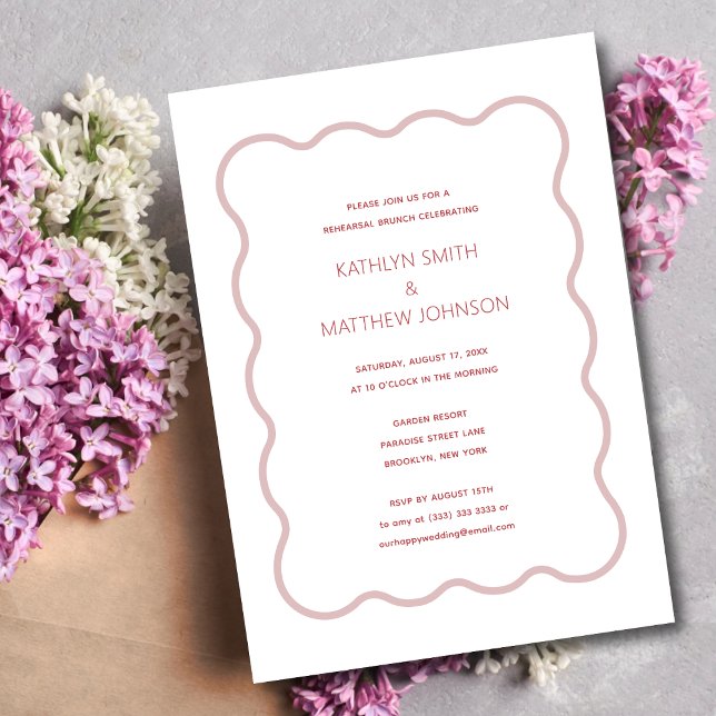 Pink Red Wavy Border Modern Retro Rehearsal Brunch Invitation (Creator Uploaded)