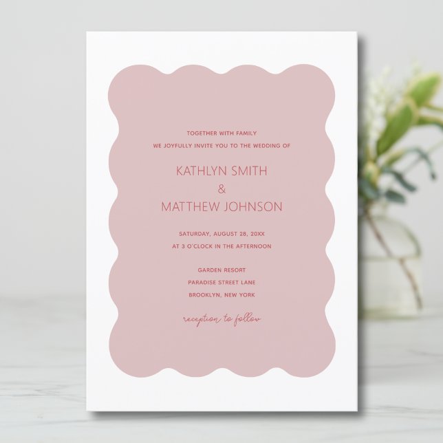 Pink Red Wavy Border Modern Retro Wedding Invitation (Creator Uploaded)