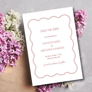Pink Red Wavy Border Modern Retro Wedding Save The Date