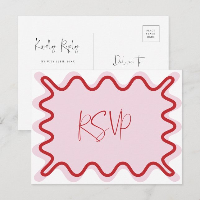 Pink Red Wavy Border RSVP Postcard (Front/Back)