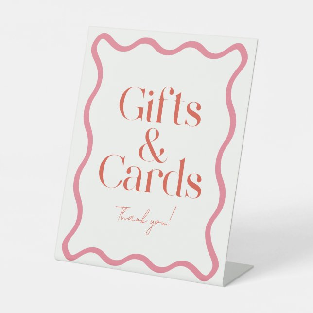 Pink & Red Wavy Frame Bridal Shower Gifts & Cards Pedestal Sign (Front)