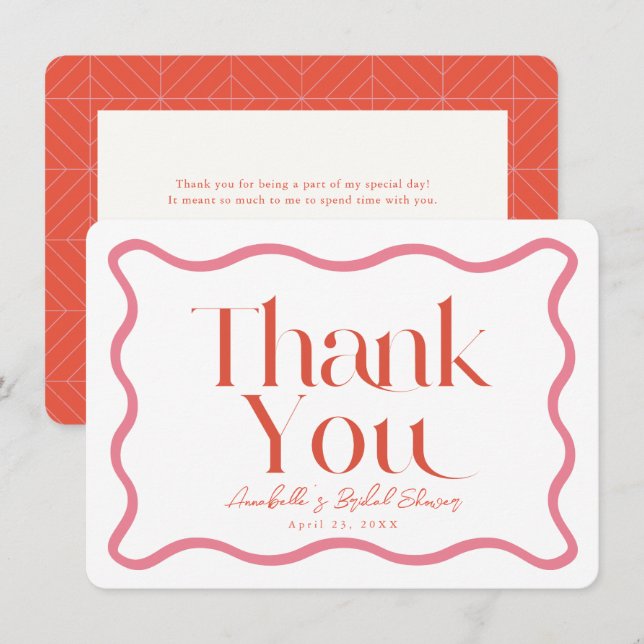 Pink & Red Wavy Frame Bridal Shower Thank You Card (Front/Back)