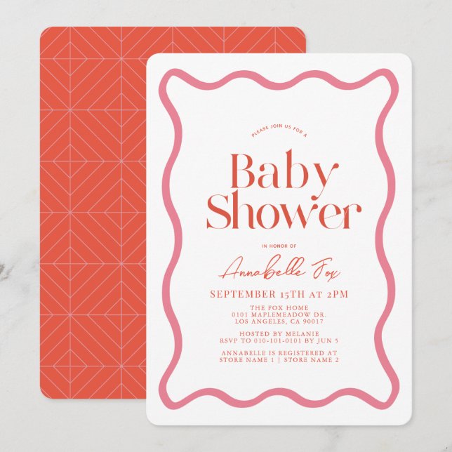 Pink & Red Wavy Frame Trendy Baby Shower Invitation (Front/Back)
