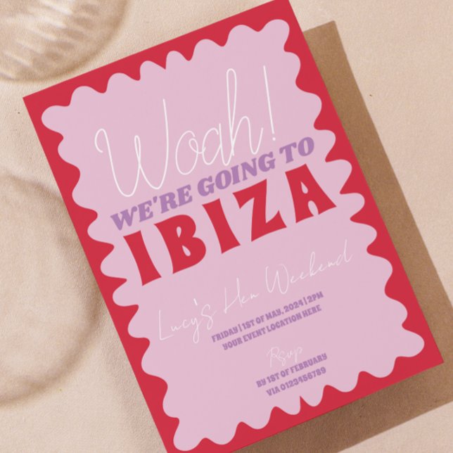 Pink Red Wavy Ibiza Hen Weekend Party Invitation (red and pink retro wavy ibiza hen do invite)