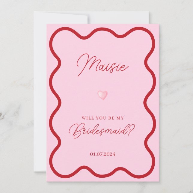 Pink red wavy will you be my bridesmaid proposal invitation (Front)