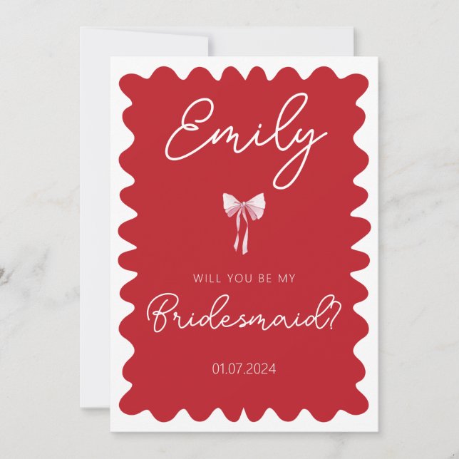 Pink red wavy will you be my bridesmaid proposal invitation (Front)