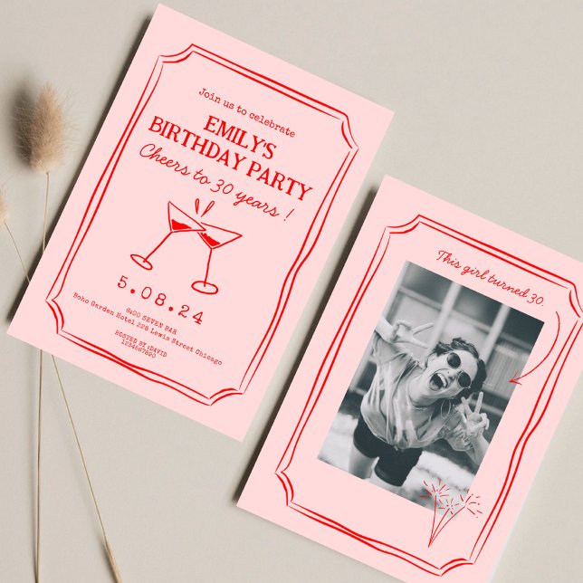 Pink Red Whimsical Funky Cheers 30th Birthday Invitation (Creator Uploaded)