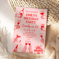 Pink Red Whimsical Hand Drawing Funky Birthday