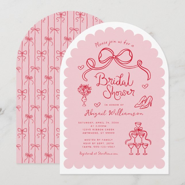 Pink Red Whimsical Retro Hand Drawn Bridal Shower Invitation (Front/Back)