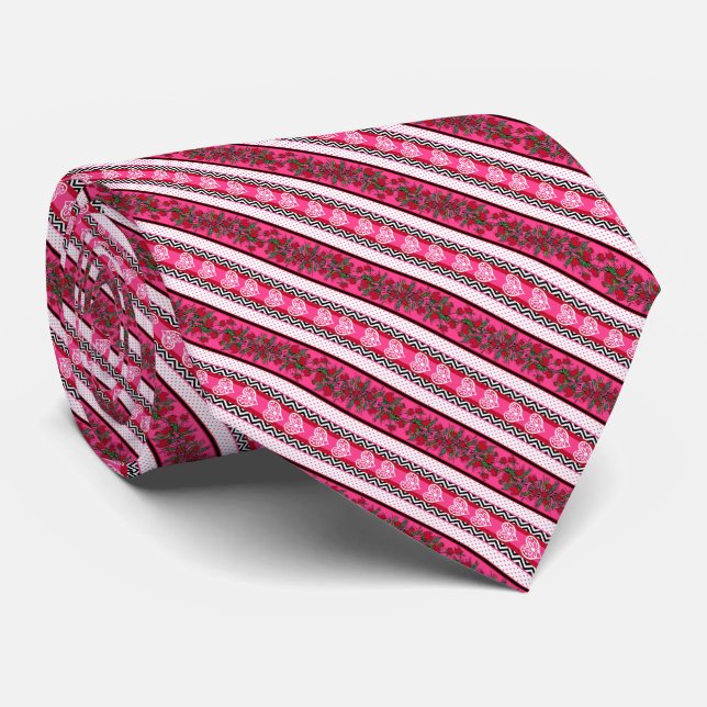 Pink Red White Black Valentines Hearts & Flowers Tie (Rolled)