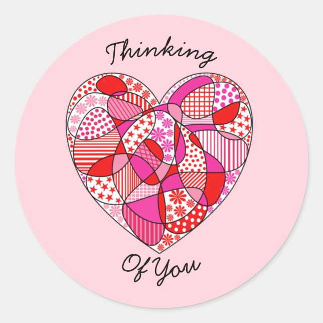 Pink Red White Doodle Pattern Heart Round Sticker (Front)