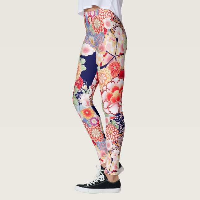 PINK RED WHITE FLOWERS Peony,Roses Japanese Floral Leggings (Left)