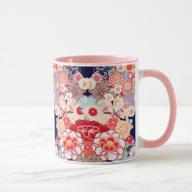 PINK RED WHITE FLOWERS Peony,Roses Japanese Floral Mug (Right)