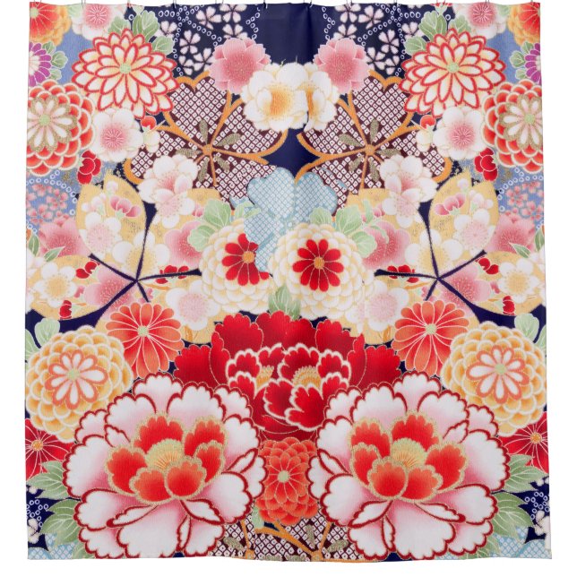 PINK RED WHITE FLOWERS Peony,Roses Japanese Floral Shower Curtain (Front)
