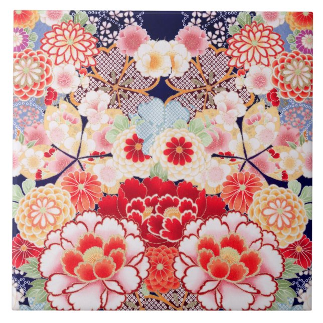 PINK RED WHITE FLOWERS Peony,Roses Japanese Floral Tile (Front)