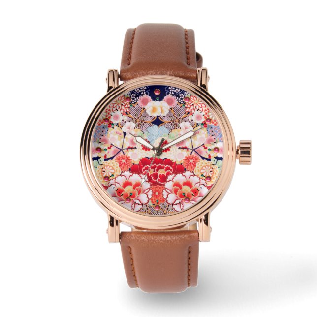 PINK RED WHITE FLOWERS Peony,Roses Japanese Floral Watch (Front)