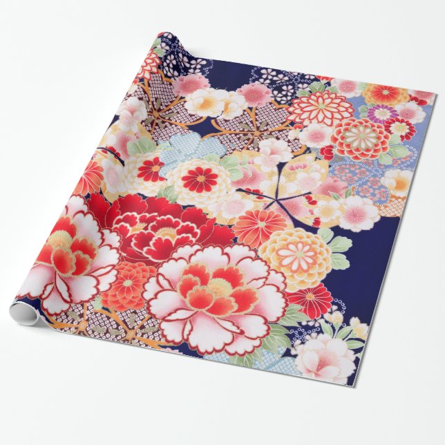 PINK RED WHITE FLOWERS Peony,Roses Japanese Floral Wrapping Paper (Unrolled)