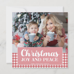 Pink Red White Gingham Christmas Photo Joy Peace Holiday Card