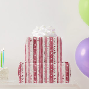 Pink Red White Heart Stripes Birthday Wrapping Paper