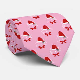 Pink Red White Santa Hat Bow Cat Christmas Tie