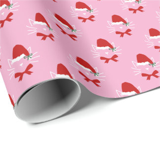 Pink Red White Santa Hat Bow Cat Christmas Wrapping Paper