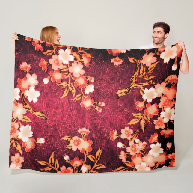 PINK RED WHITE SPRING FLOWERS, ANTIQUE RED FLORAL FLEECE BLANKET (In Situ)