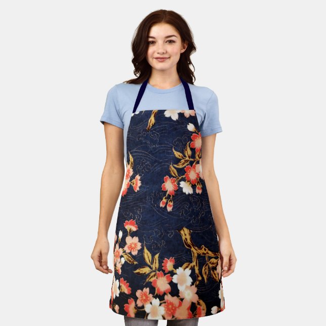 PINK RED WHITE SPRING FLOWERS DEEP BLUE FLORAL  AP APRON (Worn)