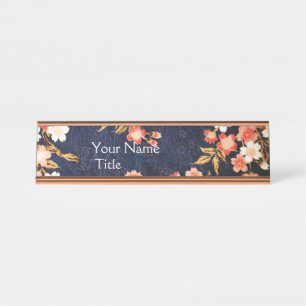 PINK RED WHITE SPRING FLOWERS , DEEP BLUE FLORAL DESK NAME PLATE