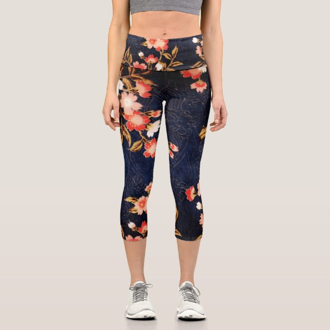 PINK RED WHITE SPRING FLOWERS DEEP BLUE FLORAL LEG CAPRI LEGGINGS (Front)