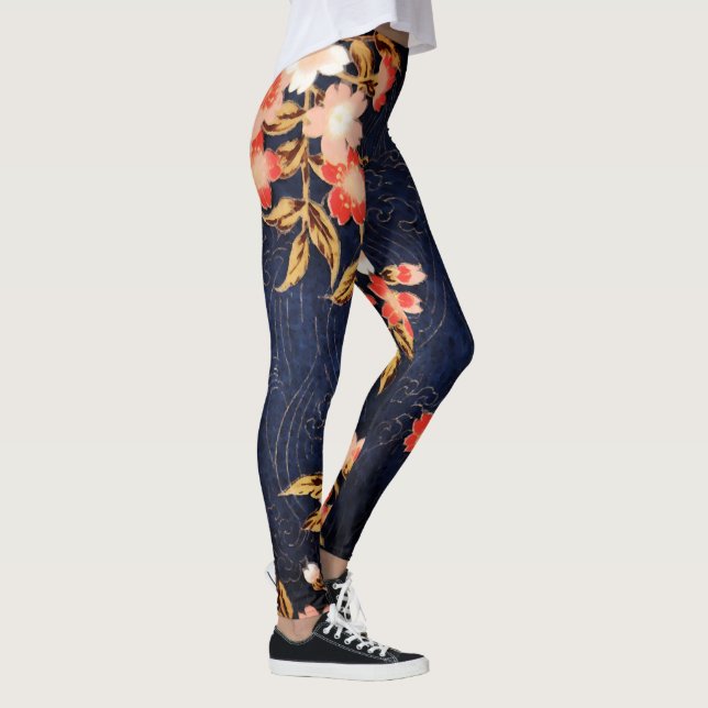 PINK RED WHITE SPRING FLOWERS DEEP BLUE FLORAL LEGGINGS (Right)