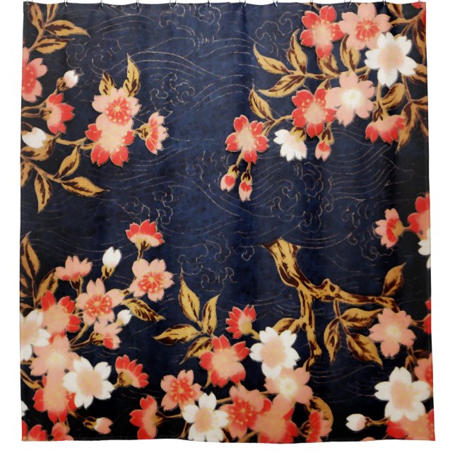 PINK RED WHITE SPRING FLOWERS DEEP BLUE FLORAL SHOWER CURTAIN (Front)