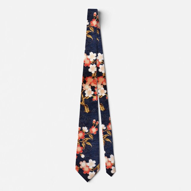 PINK RED WHITE SPRING FLOWERS DEEP BLUE FLORAL TIE (Front)