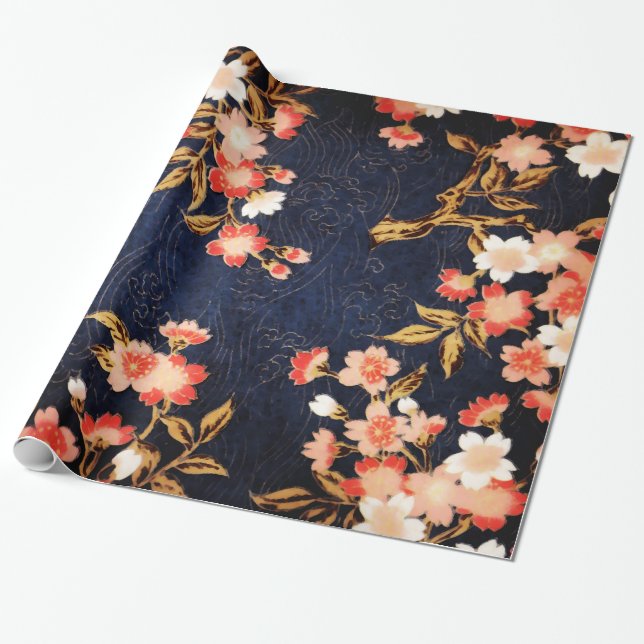 PINK RED WHITE SPRING FLOWERS , DEEP BLUE FLORAL WRAPPING PAPER (Unrolled)