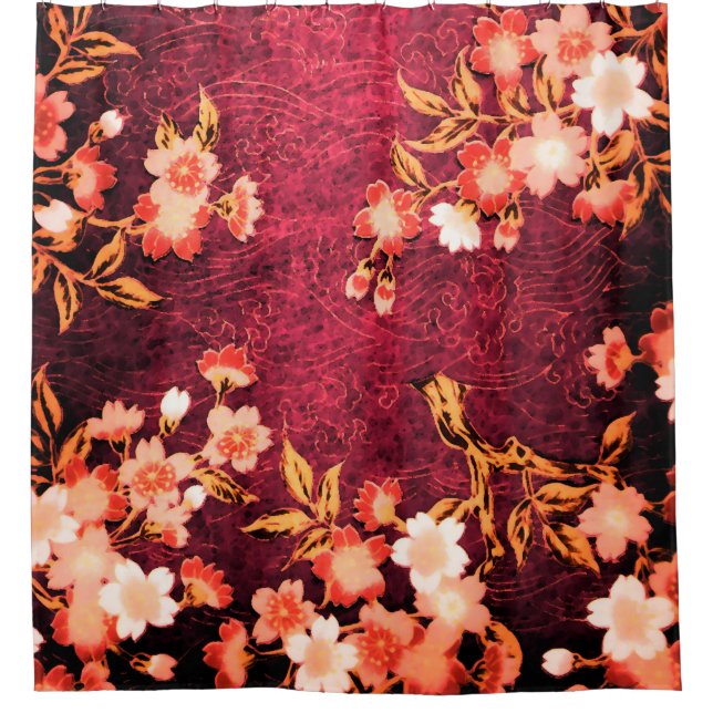 PINK RED WHITE SPRING FLOWERS JAPANESE FLORAL SHOWER CURTAIN (Front)