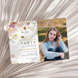 Pink & Red Wildflowers Photo Graduation Party Invitation