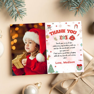 Pink Red Winter Christmas Birthday Photo Thank You Card