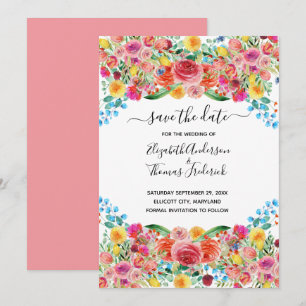 Pink Red Yellow Floral Elegant Watercolor Wedding Save The Date